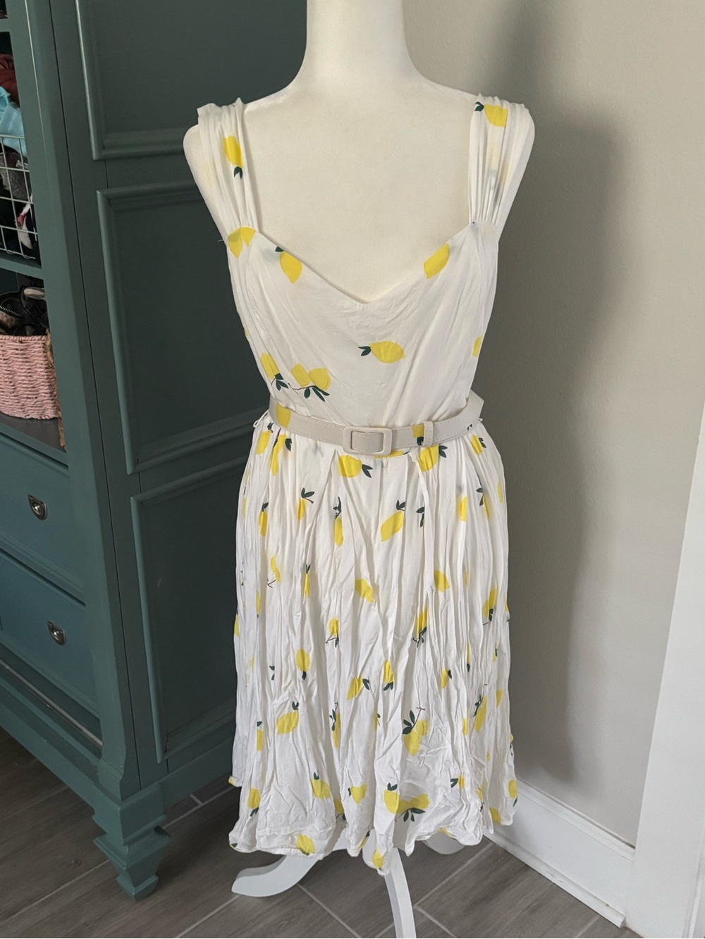Modcloth White Midi Dress with Yellow Lemon Print and Cream Belt